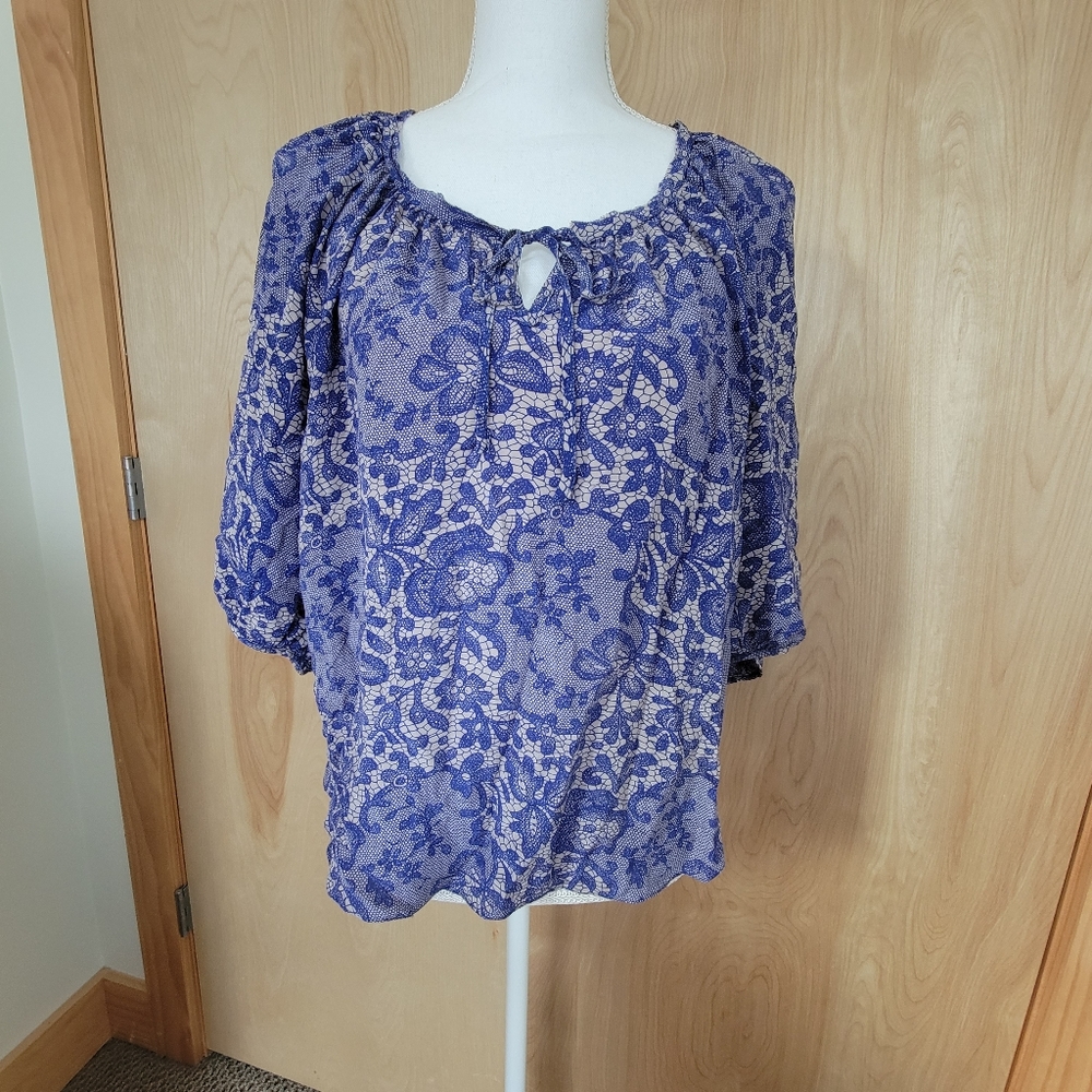 Rebecca Taylor 100% Silk Floral Lace Print 3/4 Sleeve Neckline Tie Blouse Top, 6